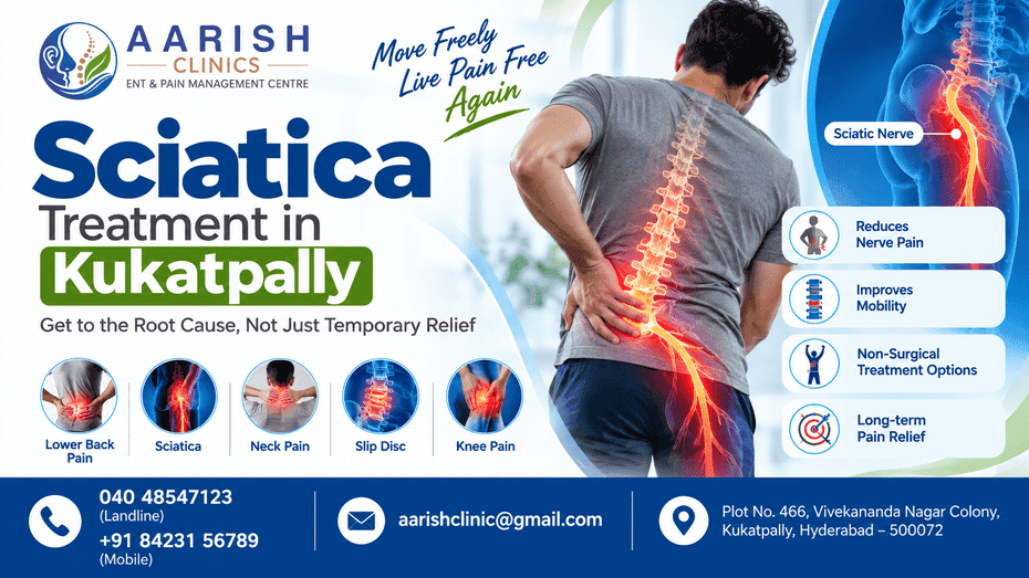 Sciatica Treatment in Kukatpally – Non-Surgical Spine & Nerve Pain Care at Aarish Clinics Sciatica treatment in Kukatpally Hyderabad at Aarish Clinics