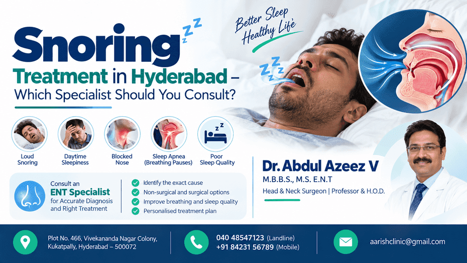 Snoring Specialist & Doctor in Hyderabad – Airway Diagnostic Examination at Aarish Clinics Kukatpally Snoring specialist in Hyderabad Dr. Abdul Azeez V diagnosing causes of loud snoring, daytime sleepiness, blocked nose, and obstructive sleep apnea